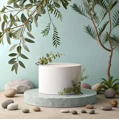 A minimal scene with round pedestals, rocks, and green leafy branches