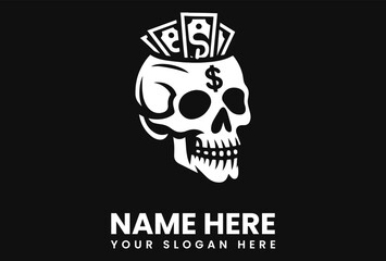 A monochrome skull illustration with money overflowing from its head, concept.