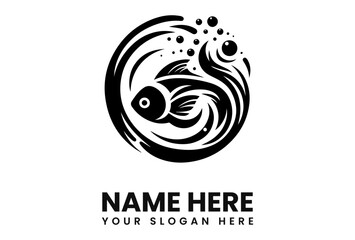 A stylized black and white logo featuring a fish swimming in a circular wave with bubbles.
