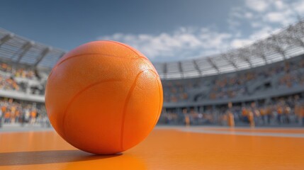 Orange ball on basketball court with stadium as background. Basketball game championship