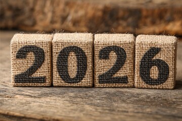 Burlap blocks displaying 2026 sit atop weathered wood with a blurred background