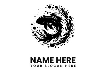 Black and white illustration of a fish swimming in a circular motion with bubbles around it.