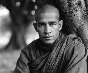 Obraz premium Portrait of contemplative Monk leaning against old tree in daytime