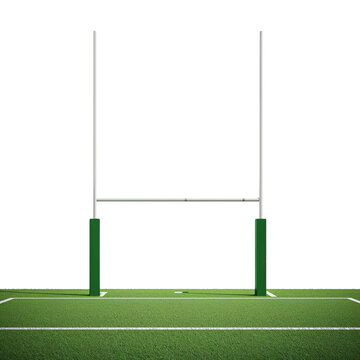 Rugby goal posts on the field isolated on white background with copy space
