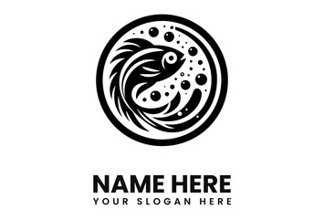 Stylish monochrome fish logo design, circular frame, bubbles, aquatic theme.