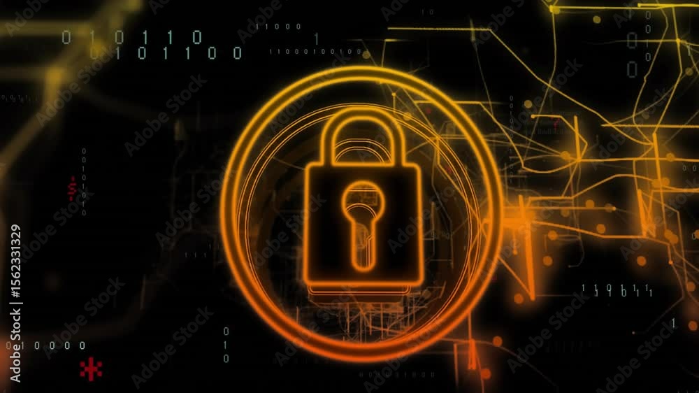 Poster padlock outline appearing with pulsing rings converging lines streaming code securing data flow