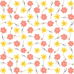 Seamless floral pattern with a subtle textile-inspired texture, combining soft botanical elements with a natural woven feel. Features hand-drawn flowers and organic leaves arranged