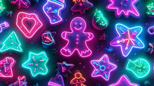 Neon christmas cookies create a vibrant festive pattern, glowing brightly against a dark background.