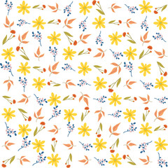 Seamless floral pattern with a subtle textile-inspired texture, combining soft botanical elements with a natural woven feel. Features hand-drawn flowers and organic leaves arranged