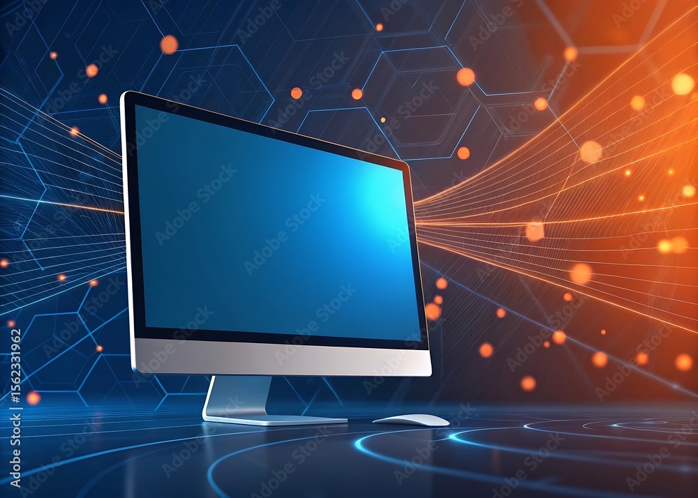 Fototapete a computer monitor displays on a desk against an abstract network background