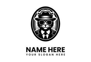 A stylized black and white logo of a cat wearing a fedora and sunglasses.