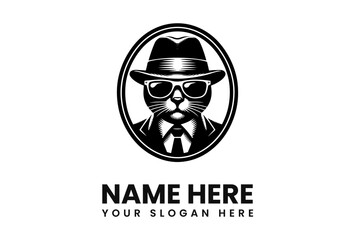 A stylized black and white illustration of a cat wearing a fedora hat, sunglasses, and a suit with a tie, set within an oval frame.