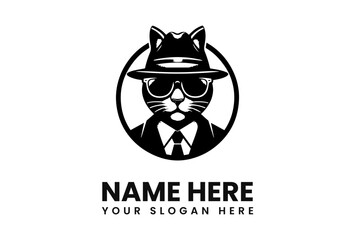 A stylized black and white logo featuring a cat in a fedora and sunglasses.