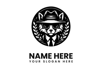 Stylish raccoon mascot logo design, wearing a fedora and sunglasses, encircled by wheat. © vectorvovdesign