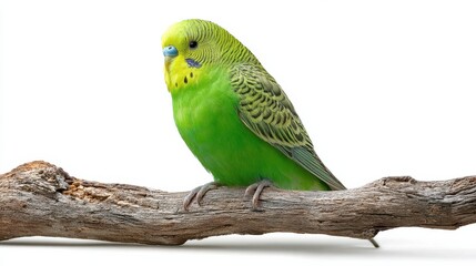 Vibrant green budgie perches gently on weathered branch against bright white background. AI Generated
