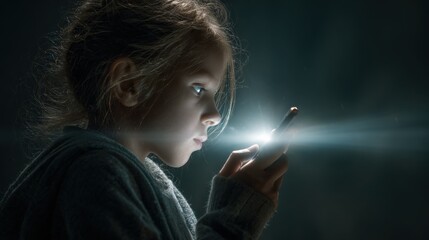 Obraz premium Young girl with smarthphone in the dark, light stream from phone to the face. Internet cyber danger and for kids and teenagers due to social media platforms.