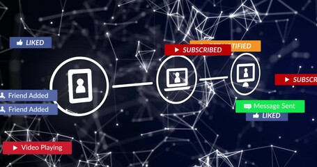 Mobile icon emerging, linking devices, subscribing, showing interactive tags and fading network - Powered by Adobe
