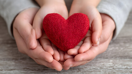 adult and child hands holding red heart, health care, love and family insurance concept, world heart day, world health day, adoption foster family, international day of families