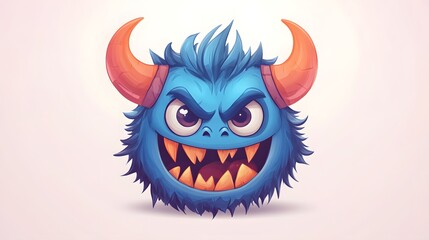 Fototapeta premium Digital illustration of a cute, cartoon monster with blue fur, orange teeth, and prominent horns.