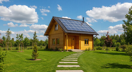 Obraz premium New wooden house with solar panels on a sunny day in a green landscape