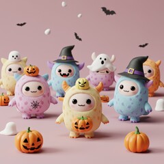 Obraz premium Cute Halloween Monsters in Pastel Costumes with Pumpkins and Witch Hats, Adorable Kawaii Character Set for Fall Celebrations