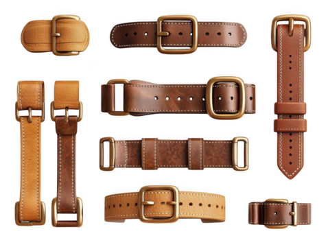 Leather watch straps and buckles set isolated on transparent background
