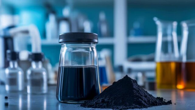 Powder and vial in a lab: Jar containing black liquid chemical with chemical powder for analysis, laboratory research, and development of scientific materials.