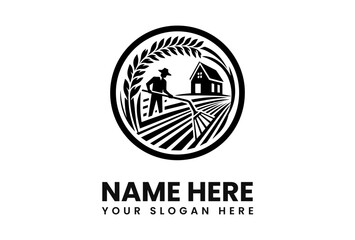 A farmer tills the land, a farmhouse and wheat surround him in a circular logo design.
