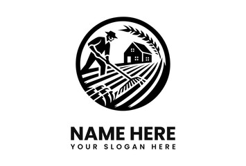 A farmer raking a field with a house and wheat stalks in the background, all enclosed in a circle.