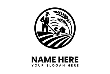 A farmer tending his fields, a rural home visible in the background, symbolized in a circular logo design.