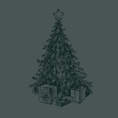 Christmas tree with star and gifts in toile style isolated. Vector.