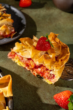 Strawberry pie with crispy phyllo dough layers