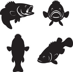 bass fish silhouette icons set side, front, back, and top views vector art illustration
