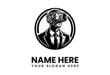A stylized logo depicting a businessman wearing a virtual reality headset, embodying technological advancement in business.