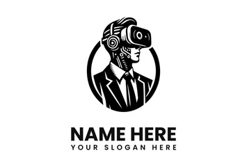 A stylized robot bust wearing a VR headset, depicted in black and white within a circular frame.