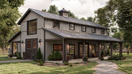 Naklejka premium A barndominium with a shop behind it on it in a modern but classic country style