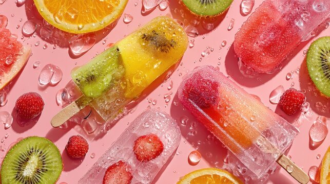 Assorted fruit popsicles with condensation and scattered water droplets on a pink background