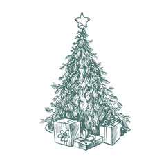 Christmas tree with star and gifts in toile style isolated. Vector.