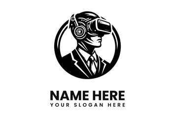 A stylized illustration of a person wearing a virtual reality headset, inside a circle.