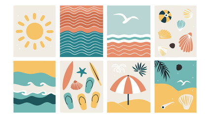 Naklejka premium Summer Beach Illustrations Bundle Sun Waves Seashells Surfboard Flip Flops