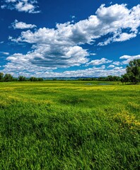 Fototapeta premium Green field with cumulus clouds in Montana during daytime