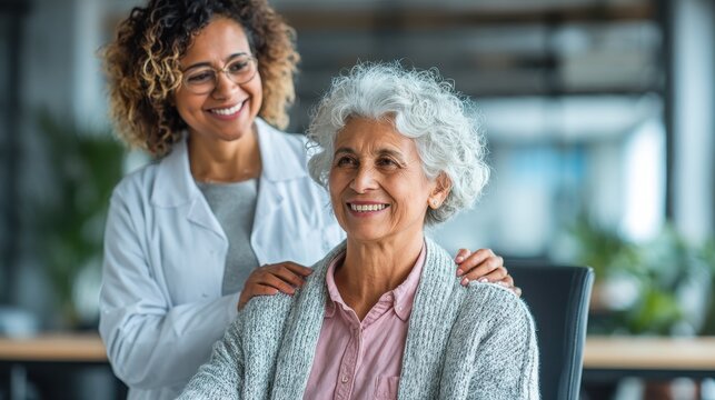Happy young Indian doctor therapist in white coat has appointment consulting supporting putting hand on shoulder of older senior female patient in modern clinic hospital. Medical healthcare concept., - Powered by Adobe