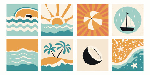 Naklejka premium Eight Mid Century Modern Summer Illustrations of Beach Scenes and Objects