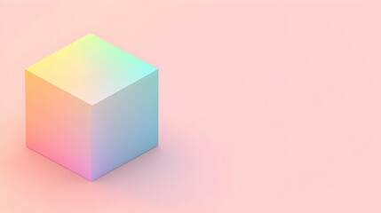 A single, vibrant, iridescent cube on a pastel pink background.  Gradient colors create a soft, calming effect
