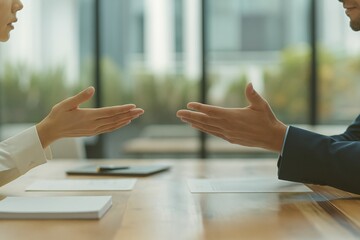 Dialogue in Business: A visual depiction of a crucial business discussion unfolds. Two individuals engage in a professional and intellectual conversation, hands gestures, captured through a window