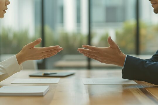 Dialogue in Business: A visual depiction of a crucial business discussion unfolds. Two individuals engage in a professional and intellectual conversation, hands gestures, captured through a window