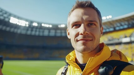 Smiling Spectator Close-Up at Sunny Stadium