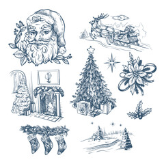 Santa, fir trees and other Christmas elements in toile style isolated. Vector.
