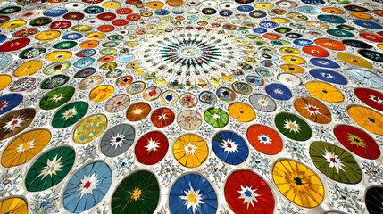 Multicolored circular mosaic pattern, radiating outwards from a central point.  Detailed design on each circle