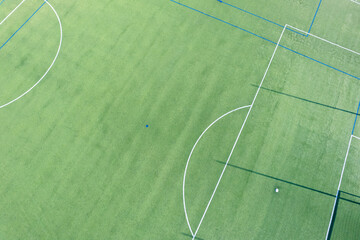 Top Down Drone Shot of an Empty Football Pitch. Aerial top down drone view, football background